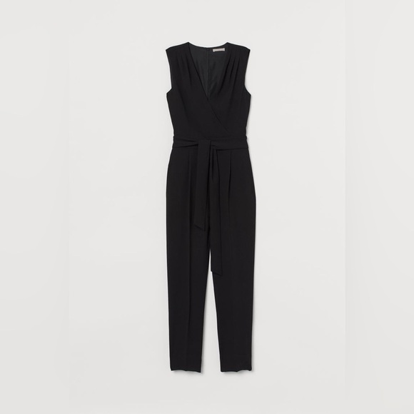 H&M NWT Black Sleeveless V Neck Jumpsuit Women's 4 Tie Waist Business Career - Picture 2 of 9